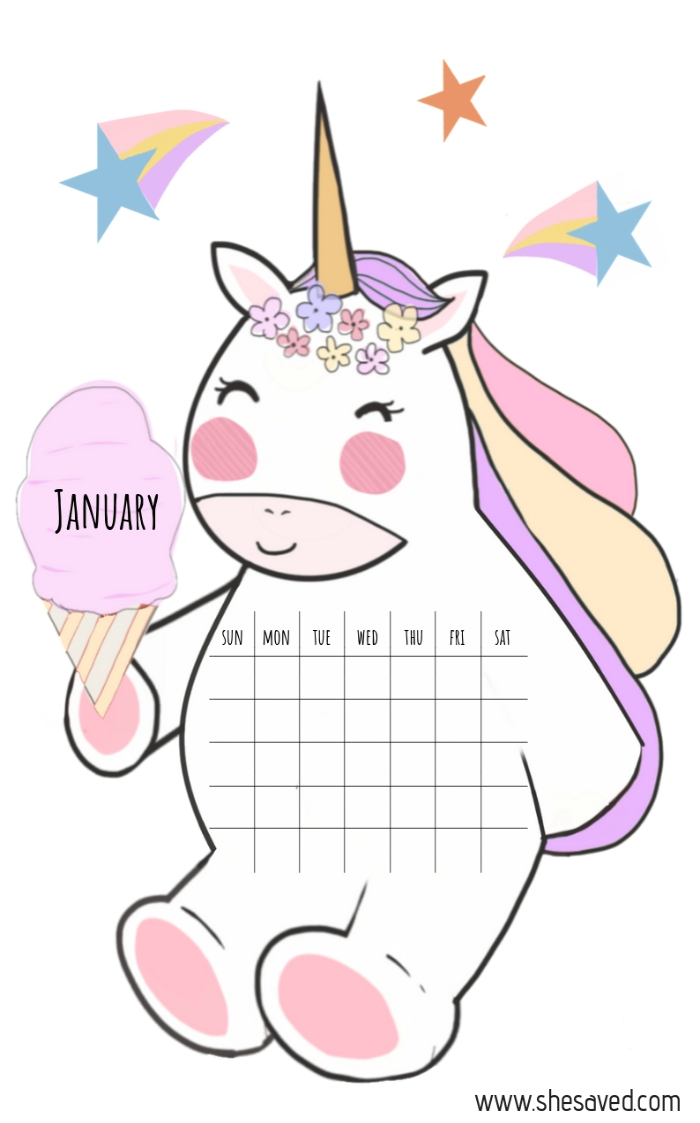 FREE Printable Unicorn Calendar SheSaved®