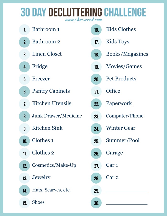 FREE 30 Day Decluttering Challenge Printable SheSaved 